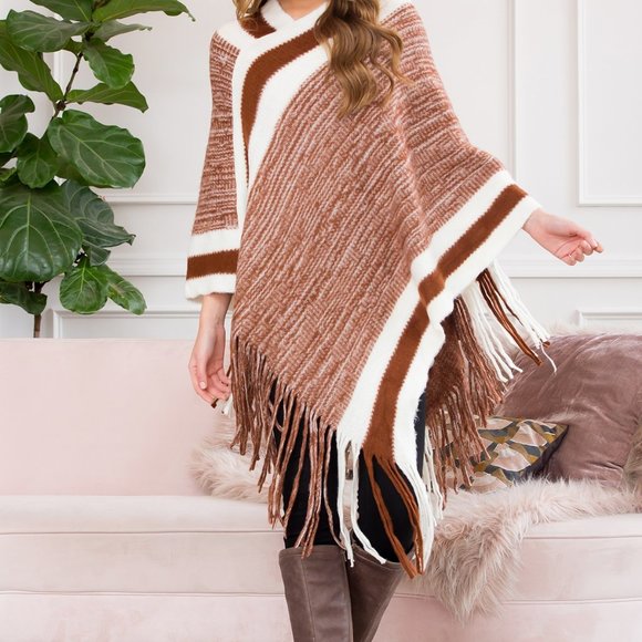 Varsity Striped Fringe Edge Poncho - Picture 2 of 8